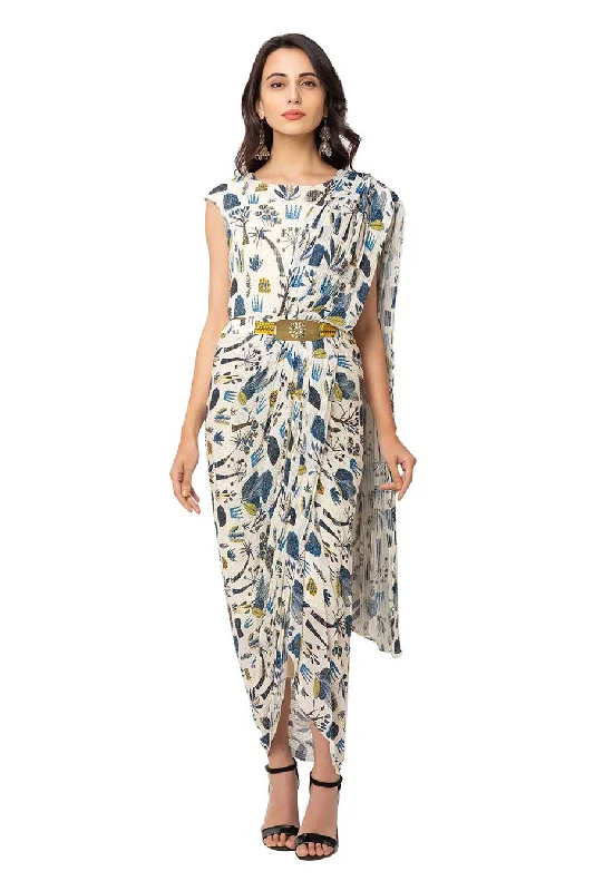 Chic Styles Off White Printed Drape Saree Dress