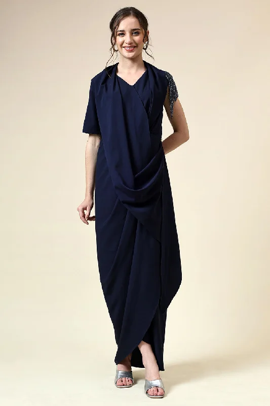 Huge Markdowns Navy Crystal Embellished Draped Dress
