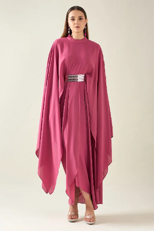 Women's Evening Wear Pink Alloy Drape Dress With Metallic Finish Belt