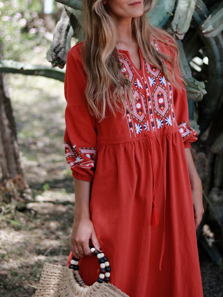 Limited Stock, Unlimited Style FashionSierra - 2024 Cotton Linen Embroidery A Neck Ruffle Sleeve Boho Dress