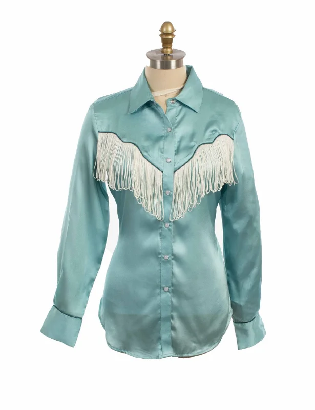 Scully Womens Retro Snap Fringe Turquoise 100% Polyester L/S Blouse Modern Women's Fashion with Vintage Touches