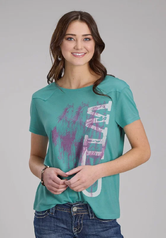 Roper Womens Wild Horses Turquoise Poly/Rayon Yoked S/S T-Shirt Timeless Women's Fashion Styles