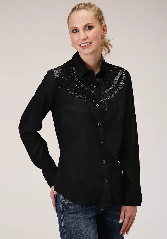 Roper Womens Sequin Boyfriend Black 100% Rayon L/S Shirt Early Bird Offer