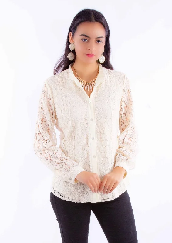 Scully Womens Allover Lace Ivory Cotton Blend L/S Blouse Women's Trendy Attire