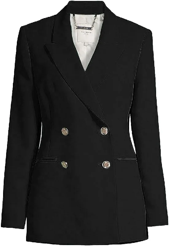 Ted Baker Women Solid Black Llayla Double Breasted Embossed Button Blazer Jacket Online Boutiques Affordable