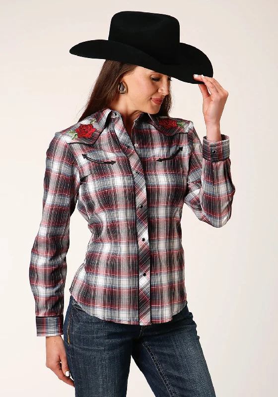 Roper Womens Rose Plaid Red Cotton Blend L/S Shirt Versatile Women's Fashion