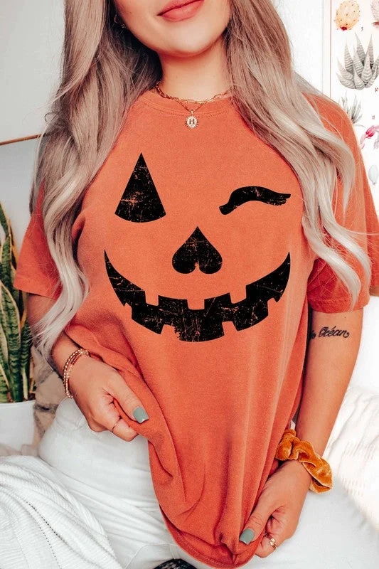 Pumpkin Smiley Wink Graphic Tee Stylish Women's Outerwear Apparel