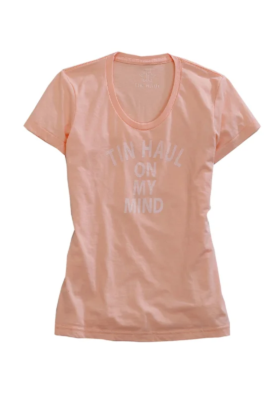 Tin Haul Womens On My Mind Peach Cotton Blend S/S T-Shirt Modern Women's Attire