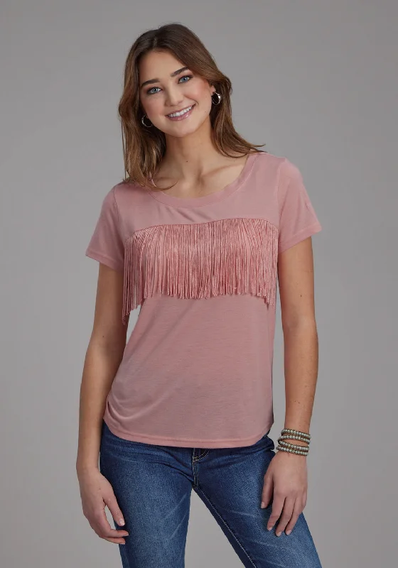 Roper Womens Front Yoke Fringe Pink Poly/Rayon S/S T-Shirt Workwear Fashion for Women