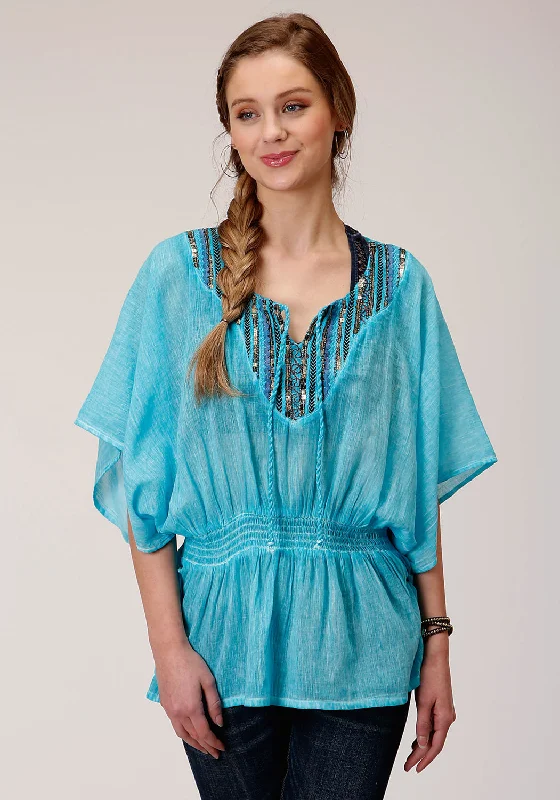 Roper Womens Turquoise 100% Cotton Peasant Top S/S Tunic Sales For Clothes