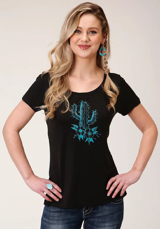 Roper Womens Black Poly/Rayon Blue Cactus S/S T-Shirt Fashion-Forward Women's Clothing