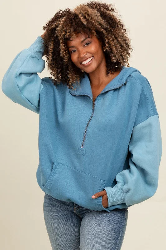 Blue Colorblock Half Zip Hoodie Plus Size Women's Fashion and Clothing