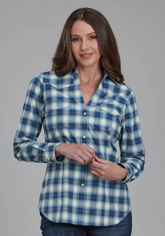 Roper Womens 2164 Stretch Plaid Blue Cotton Blend L/S Shirt Comfortable Garments For Women