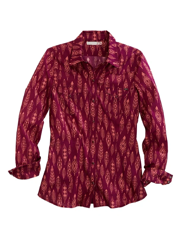 Tin Haul Womens Aztec Feathers Wine 100% Cotton L/S Shirt Women's Floral Print Outfit