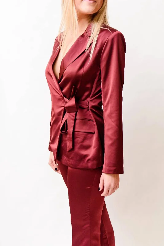 Glenda Satin Blazer In Burgundy Comfortable Casual Women's Clothing