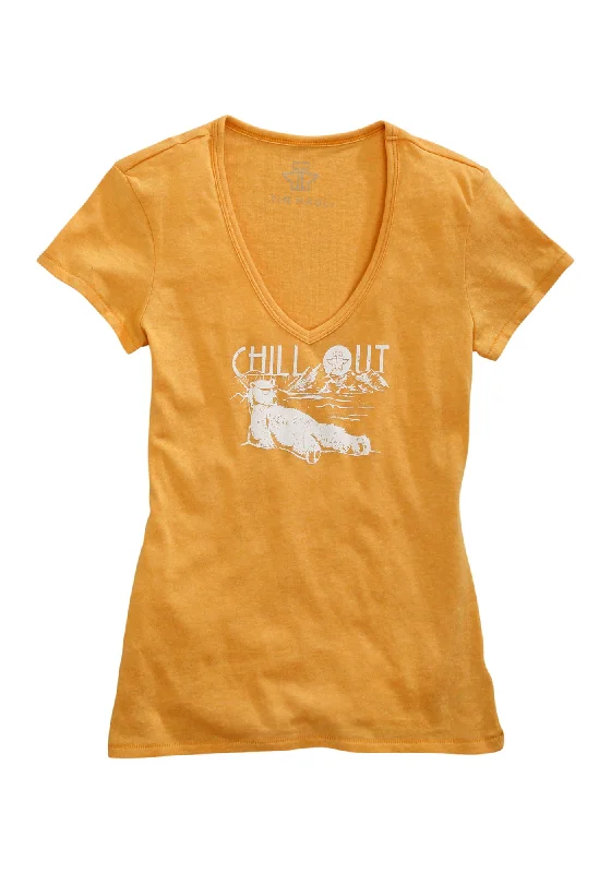 Tin Haul Womens Polar Bear Chill Out Golden Yellow Cotton Blend S/S T-Shirt Women's Clothing For Outdoor Events