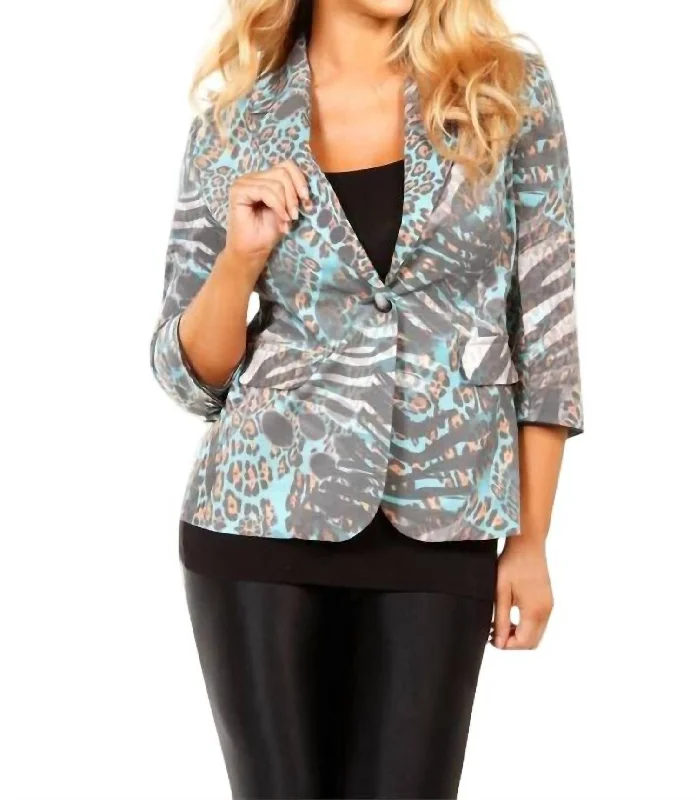 Wild One Button Blazer In Aquawhite Women's Athletic Outfit