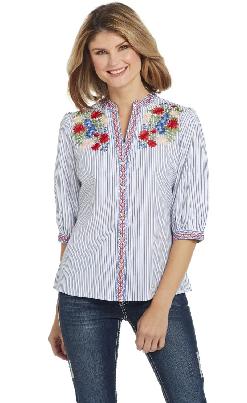 Cowgirl Up Womens White/Blue Cotton Blend Floral Blouson Blouse S/S Elegant Women's Clothing