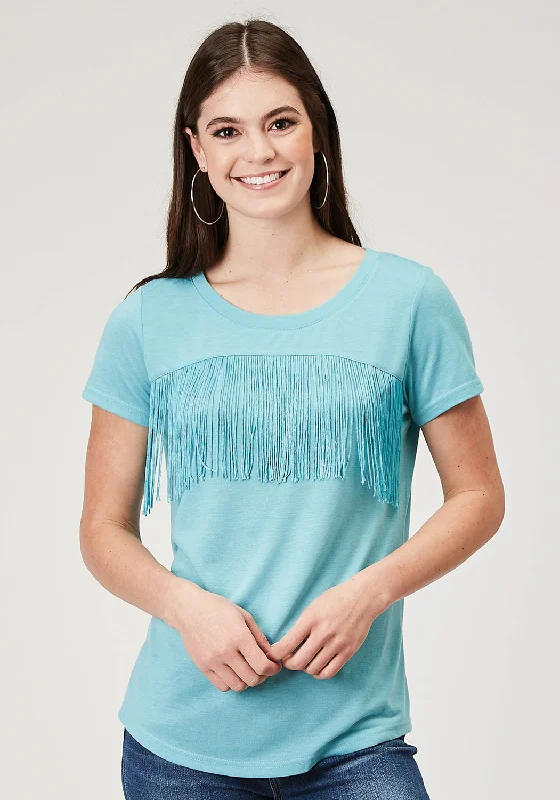 Roper Womens Matching Fringe Light Blue Poly/Cotton S/S T-Shirt Women's Casual Outfit