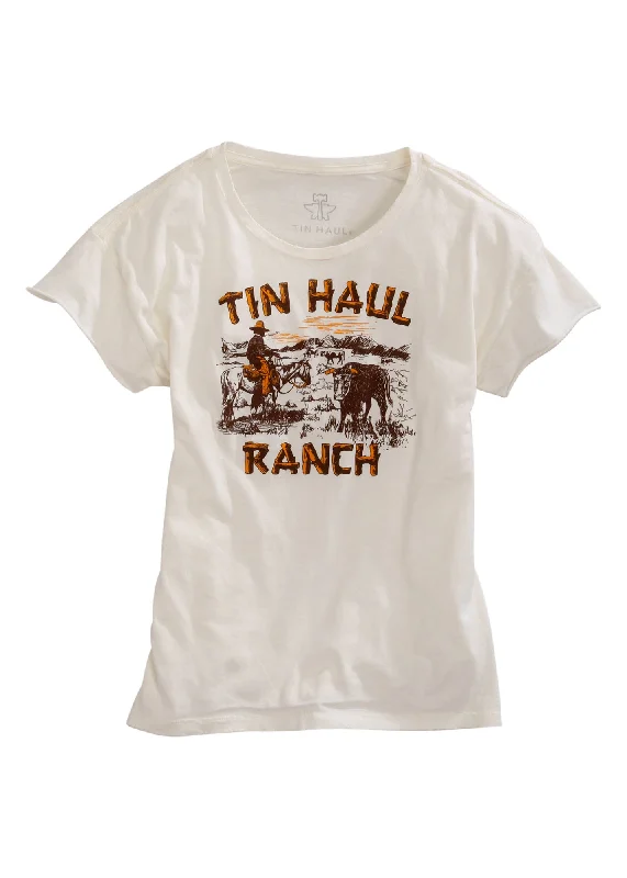 Tin Haul Womens White 100% Cotton Ranch Scene S/S T-Shirt Affordable Online Boutique