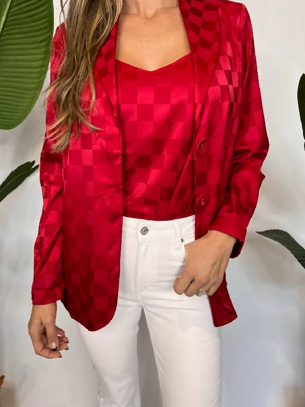 Felix Blazer Checkerboard Satin In Red Women's Stylish Outdoor Outfit