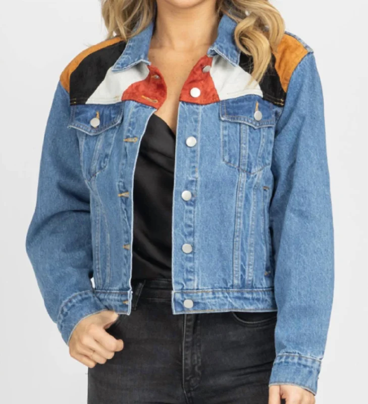 Suede Patch Relaxed Denim Jacket In Blue Stylish Loungewear for Women