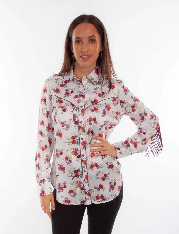 Scully Womens Floral Fringe White 100% Polyester L/S Blouse Women's Outerwear Attire