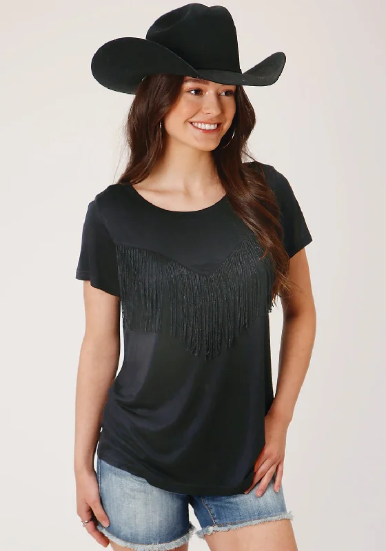 Roper Womens Black Poly/Rayon Fringe Knit S/S T-Shirt Extreme Clearance Deals