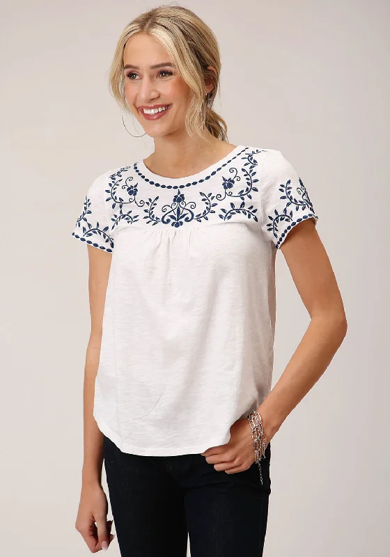 Roper Womens Cute Embroidery White 100% Cotton S/S Blouse Women's Clothing For Casual Outings