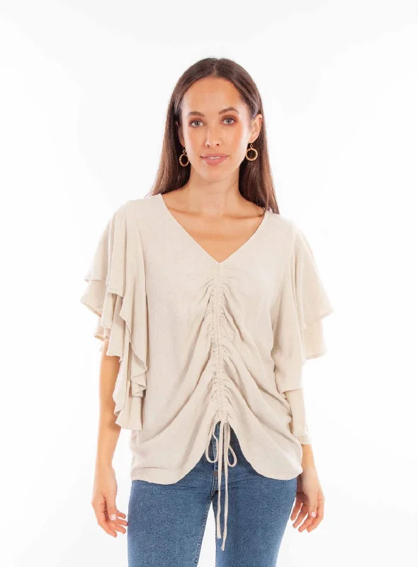 Scully Womens Cinch Front Natural Rayon Blend S/S Blouse Top 10 Women's Online Clothing Stores