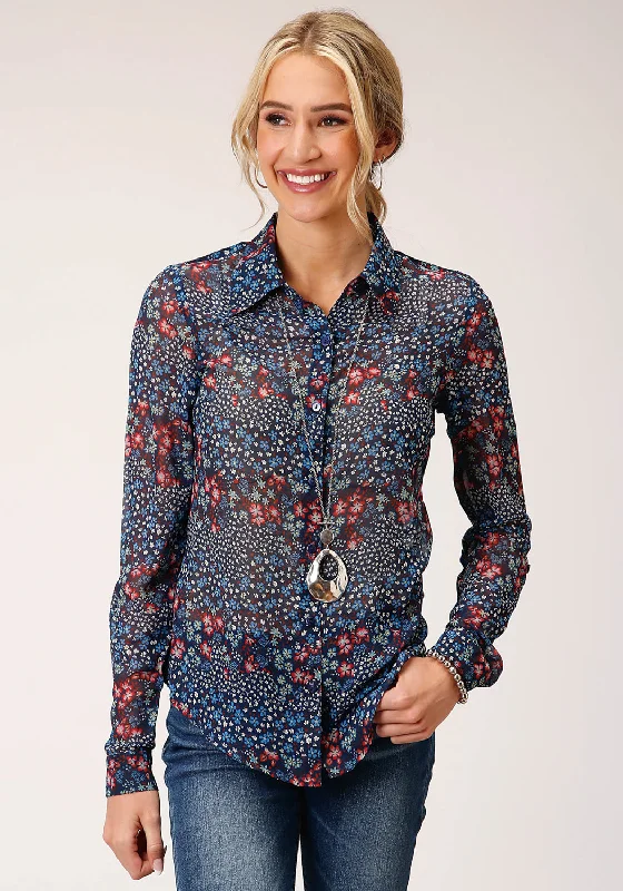 Roper Womens Blue Polyester L/S Shirt Women's Travel Attire