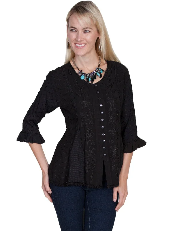 Scully Honey Creek Womens Blouse Black 100% Rayon Embroidered 3/4 Sleeve Women's Fashionable Clothing Sets