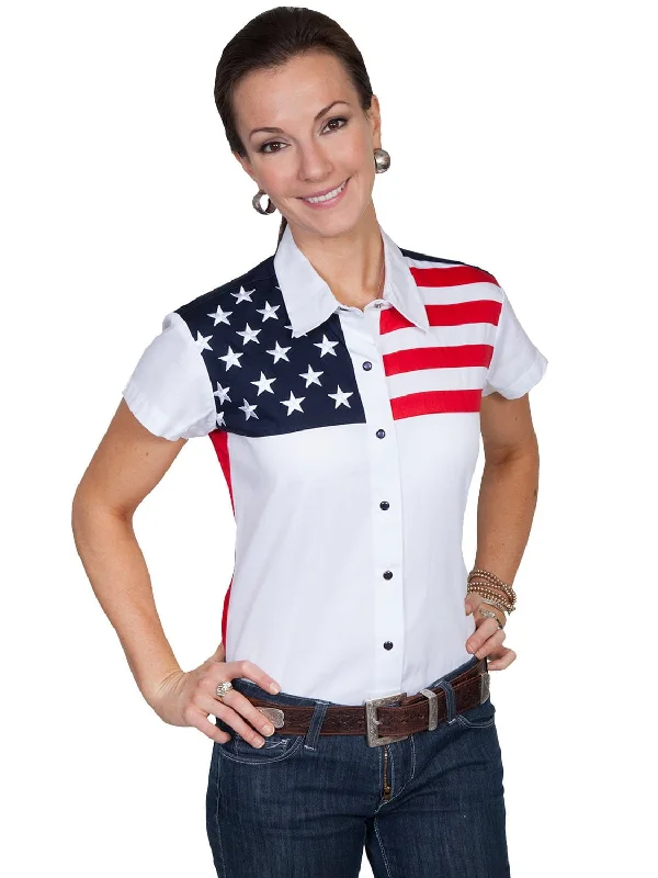 Scully Western Womens White 100% Cotton S/S USA Flag Western Shirt Sustainable Women's Clothing