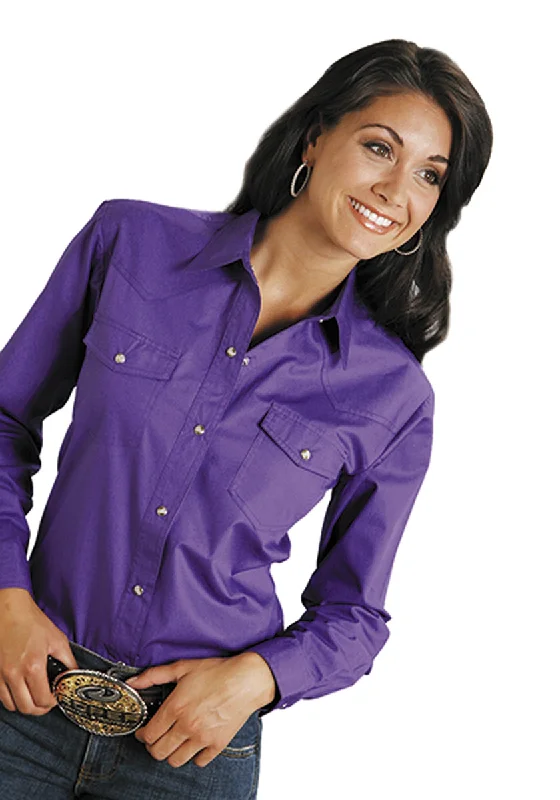 Roper Womens Purple 100% Cotton L/S Solid Poplin Snap L/S Western Shirt Women's Clothes