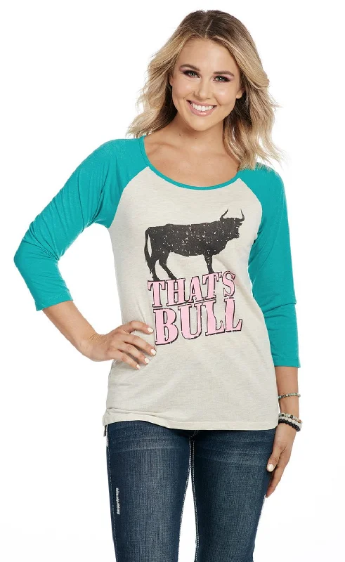 Cowgirl Up Womens That Is Bull Oatmeal/Turquoise Cotton Blend S/S T-Shirt Outlet Clothing