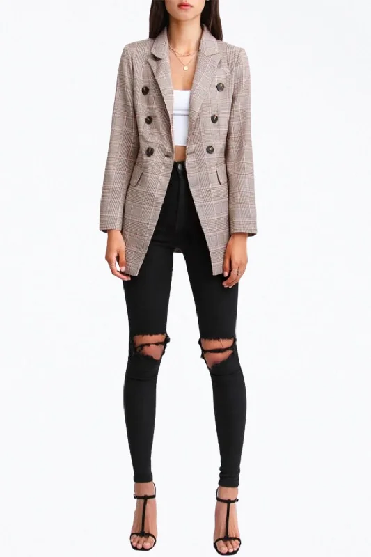 Double-Breasted Prince Of Wales Checked Woven Blazer In Brown/pink Women's Weekend Outfit