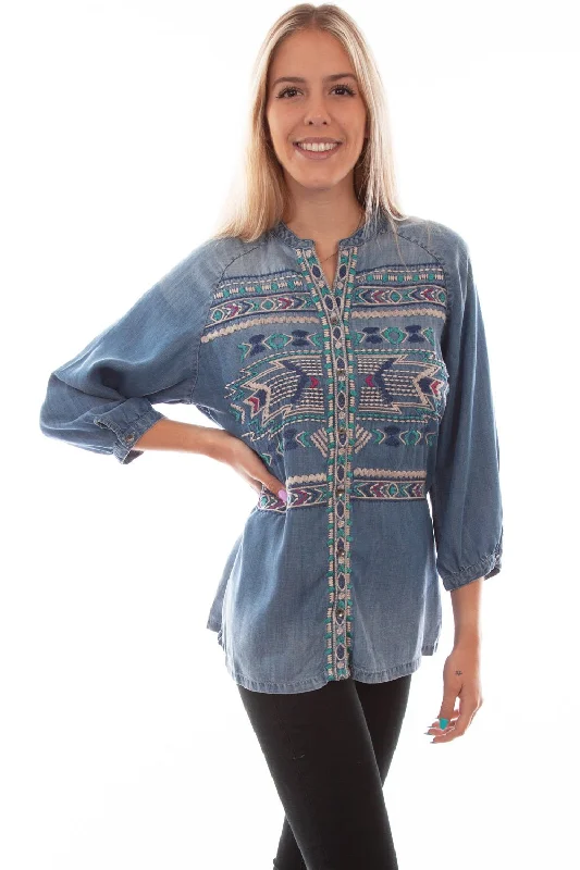 Scully Womens Denim Tencel Aztec Western S/S Blouse Winter Wardrobe Clearance