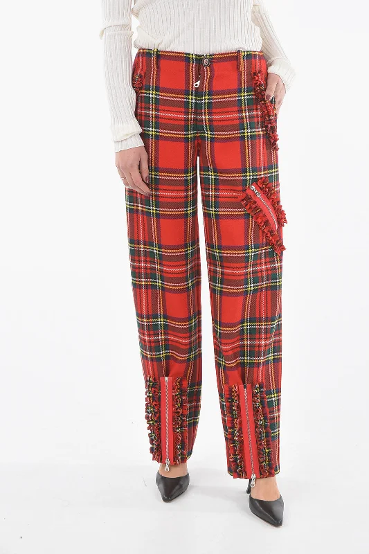 Molly Goddard Wool Wide Leg Half-Lined Tartan Trousers with Zip Relaxed Fit Women's Fashion