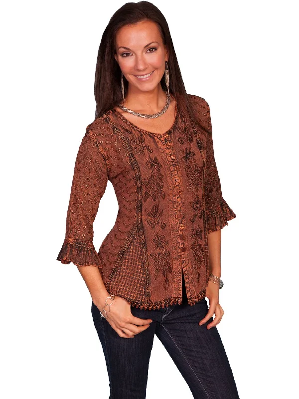 Scully Honey Creek Womens Blouse Copper 100% Rayon Embroidered 3/4 Sleeve Women's Clothing For Outdoor Activities