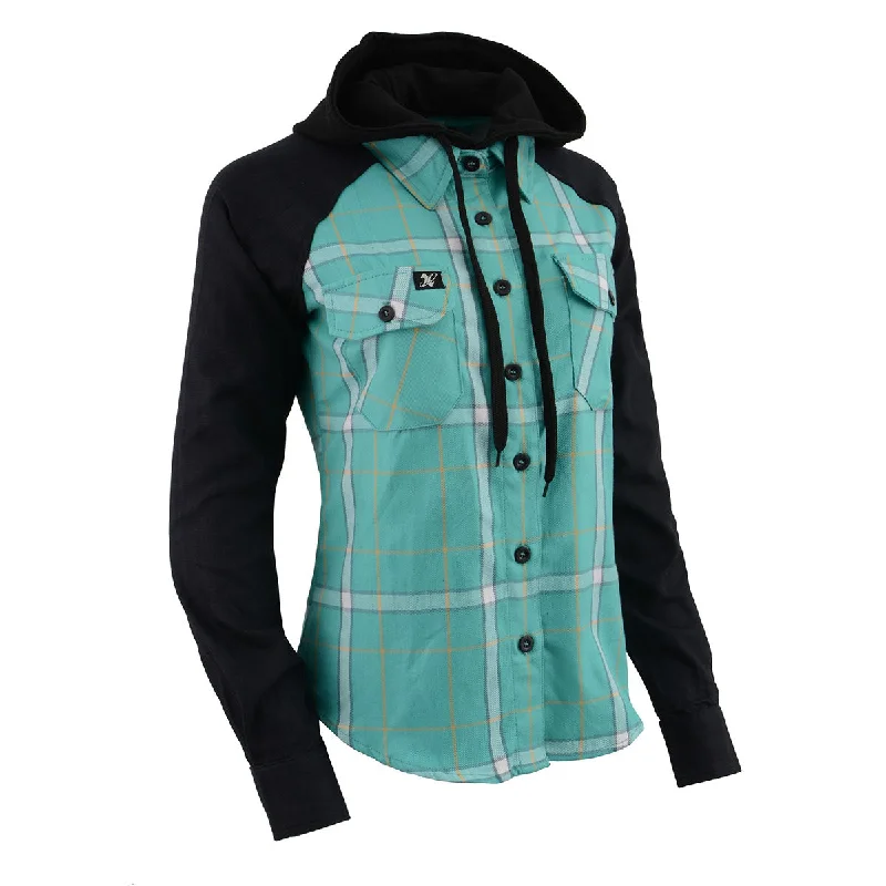 Milwaukee Leather MNG21601 Women's Casual Black and Teal Long Sleeve Cotton Flannel Shirt with Hoodie Women's Online Boutique