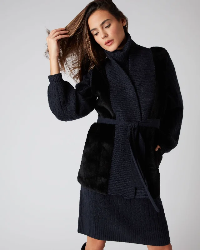 Women's Shearling Belted Cashmere Gilet Navy Blue Bold and Elegant Women's Fashion