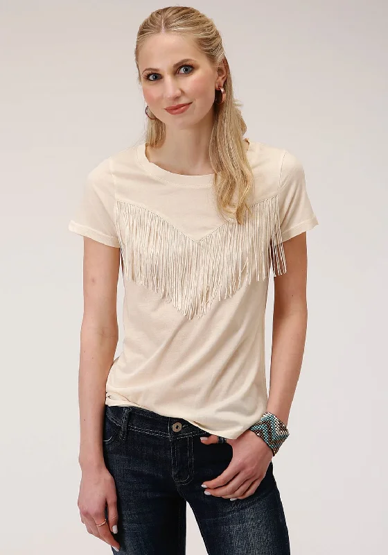 Roper Womens Ivory Poly/Rayon Western Fringe S/S T-Shirt XS Women's Casual Dresses