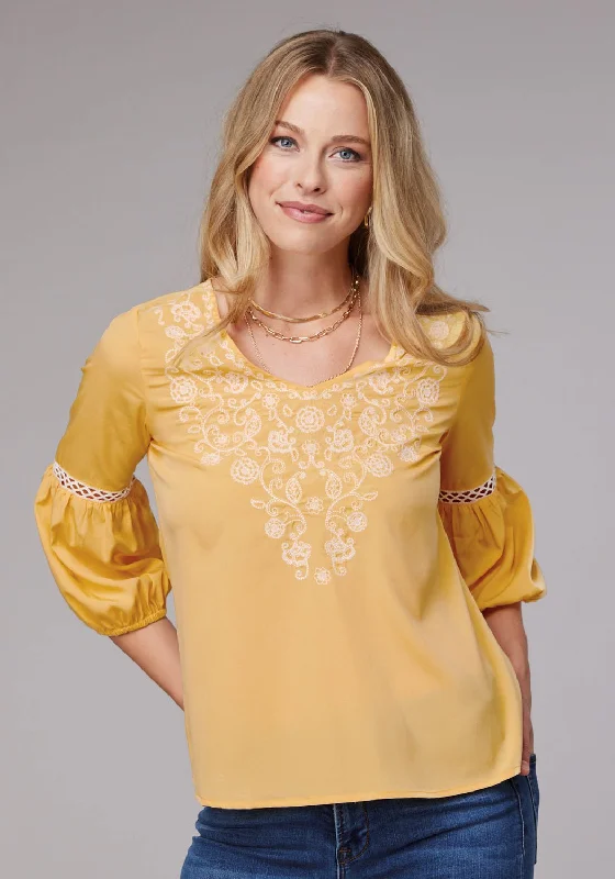 Roper Womens Bishop Sleeve Crepe Yellow 100% Polyester S/S Blouse Women's Fashion Clothing