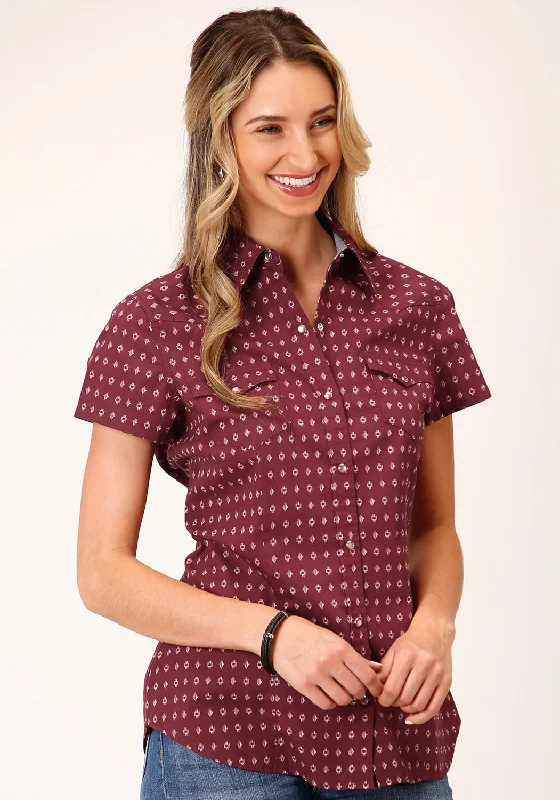 Roper Womens Texture Diamond Red 100% Cotton S/S Shirt Women's Clothing For Work