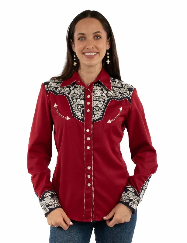 Scully Womens Floral Yoke Embroidery Red/White/Blue Poly/Rayon L/S Shirt Effortless Chic for Women