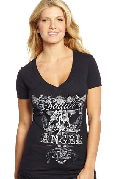 Cowgirl Up Womens Black Cotton S/S T-Shirt Saddle Angel V-Neck Women's Transitional Clothes