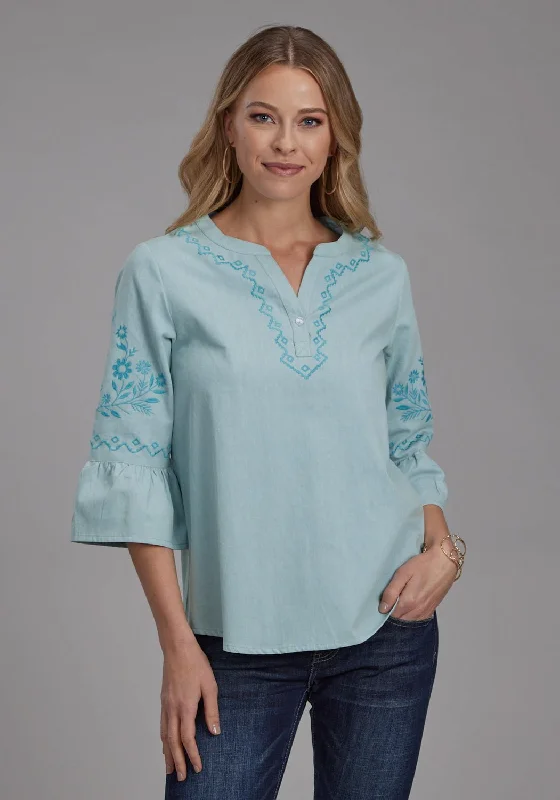 Roper Womens Floral Bell Sleeve Blue 100% Cotton S/S Blouse Designer Women's Fashion Online