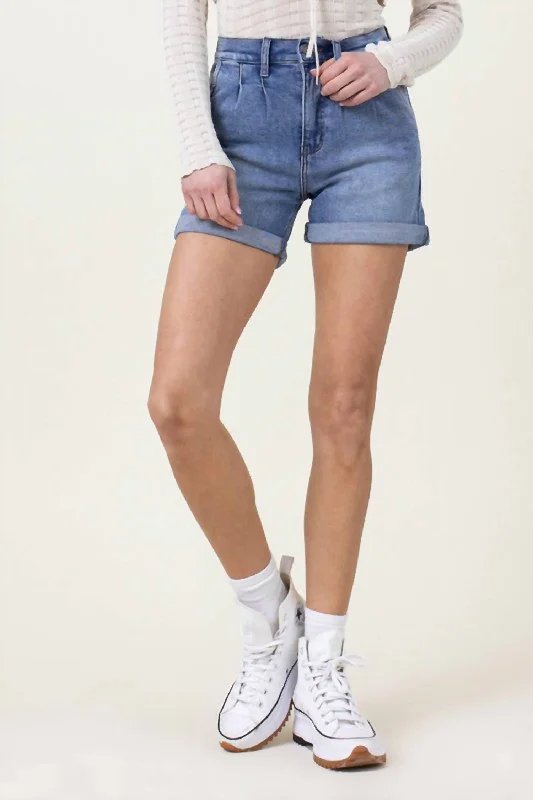 Denim Shorts With Pin Tuck Detail In Medium Stone Casual Women's Clothing