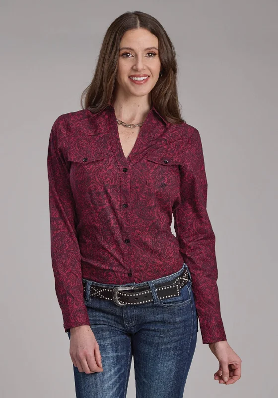 Roper Womens 2241 Paisley Burgundy 100% Cotton Btn L/S Shirt Women's Elegant Evening Attire