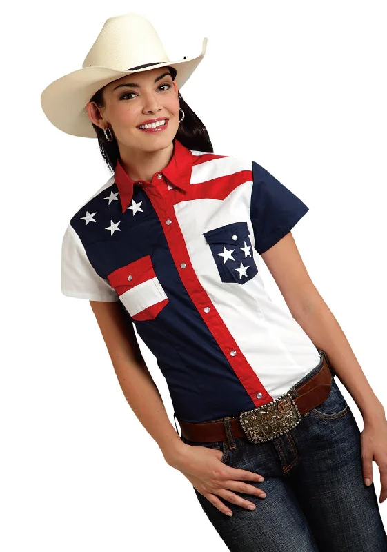 Roper Americana Ladies Blue 100% Cotton Colorblock S/S Flag Western Shirt Women's Seasonal Clothes